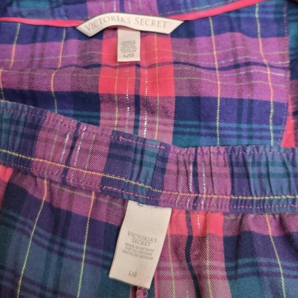 Victoria's Secret Pajama Set Women L Pink Blue Plaid Flannel Button Lounge Cozy